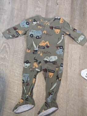 Carter's Olive Green Footed One-Piece with Construction Vehicles